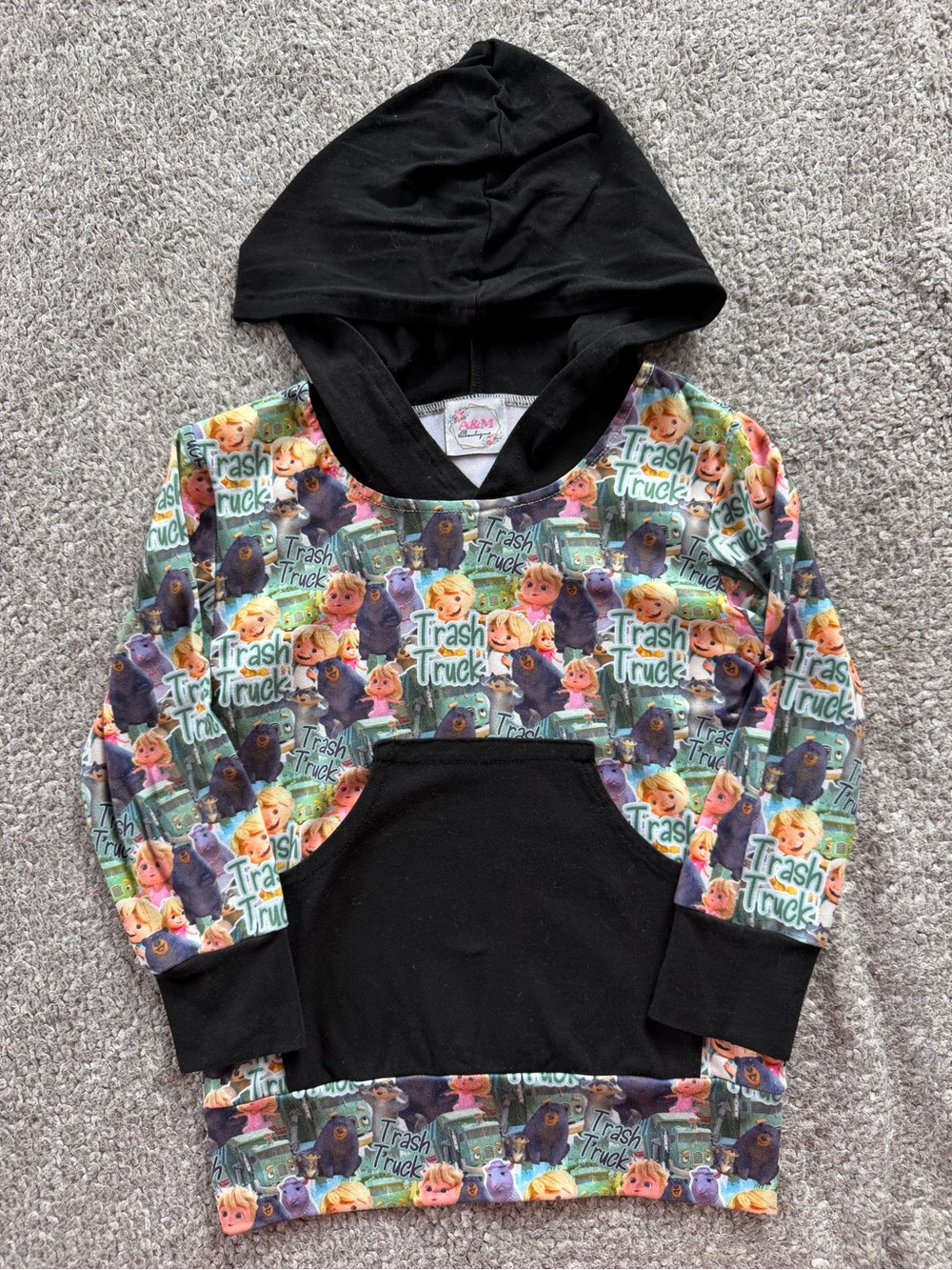 Kids Black Hooded Pullover with Colorful Trash Truck Print